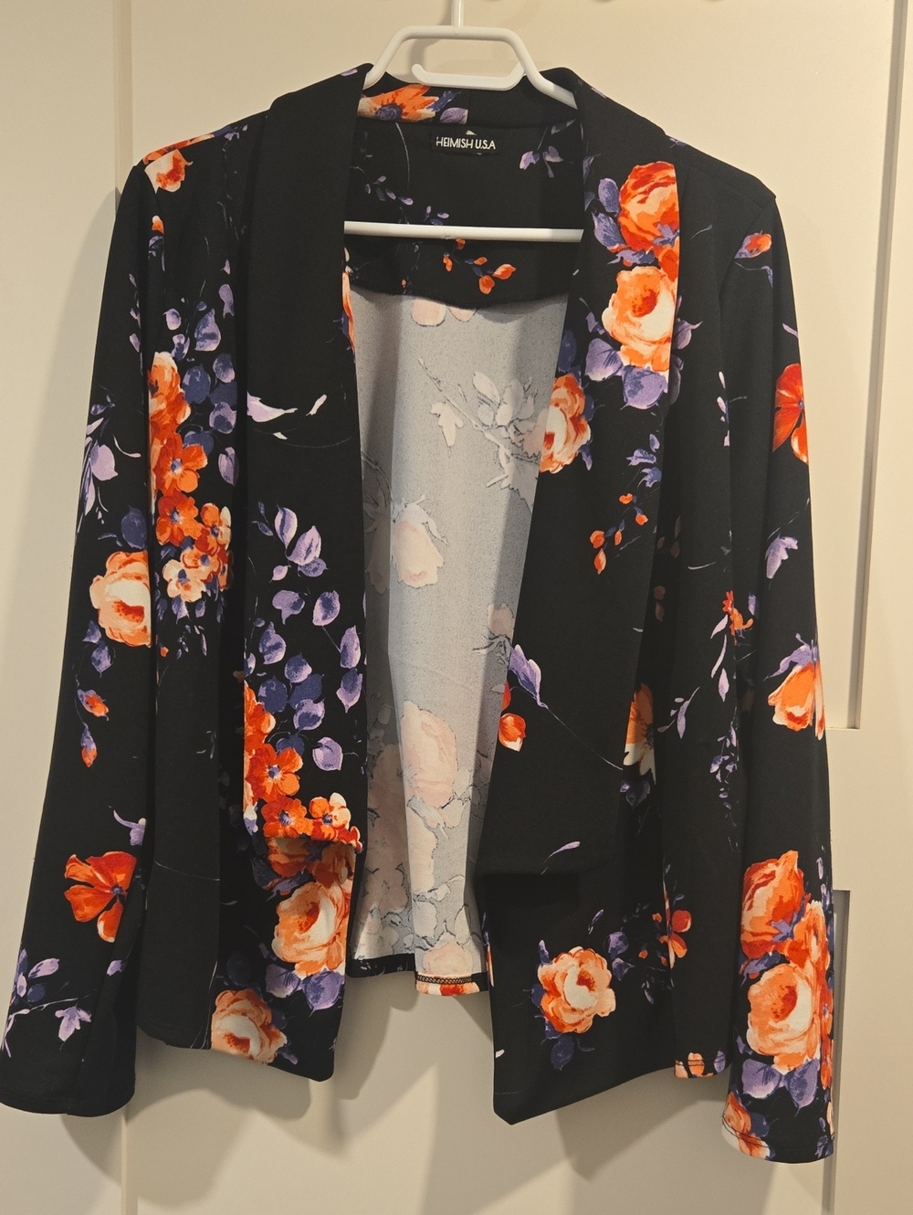 HEIMISH USA- Black Floral Open-Front Blazer with Red/Orange & Purple Blooms
